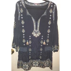 Calypso St. Barth Navy Blue Geometric 100% Silk Tunic Dress - Size Medium EUC